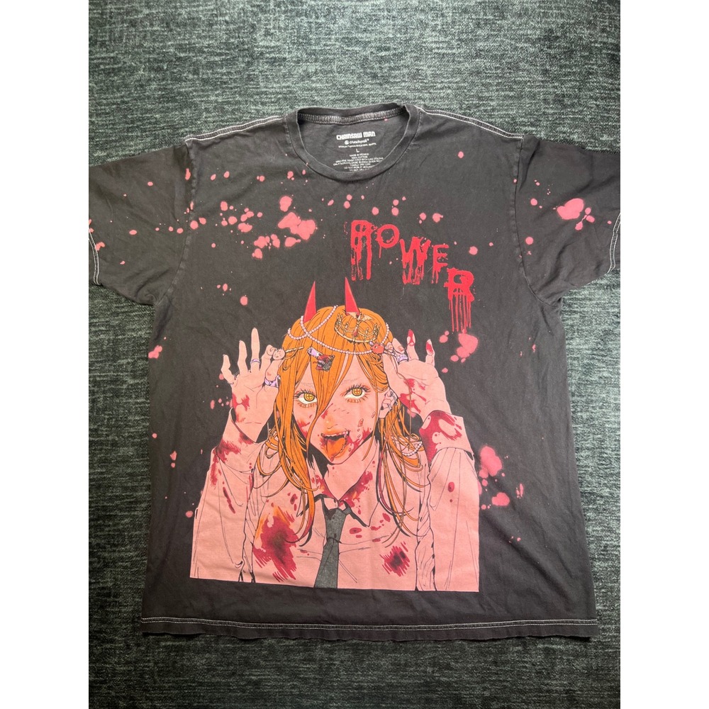 Chainsaw Man Power Graphic T-Shirt Mens Large Black Pink Splatter Anime Tee